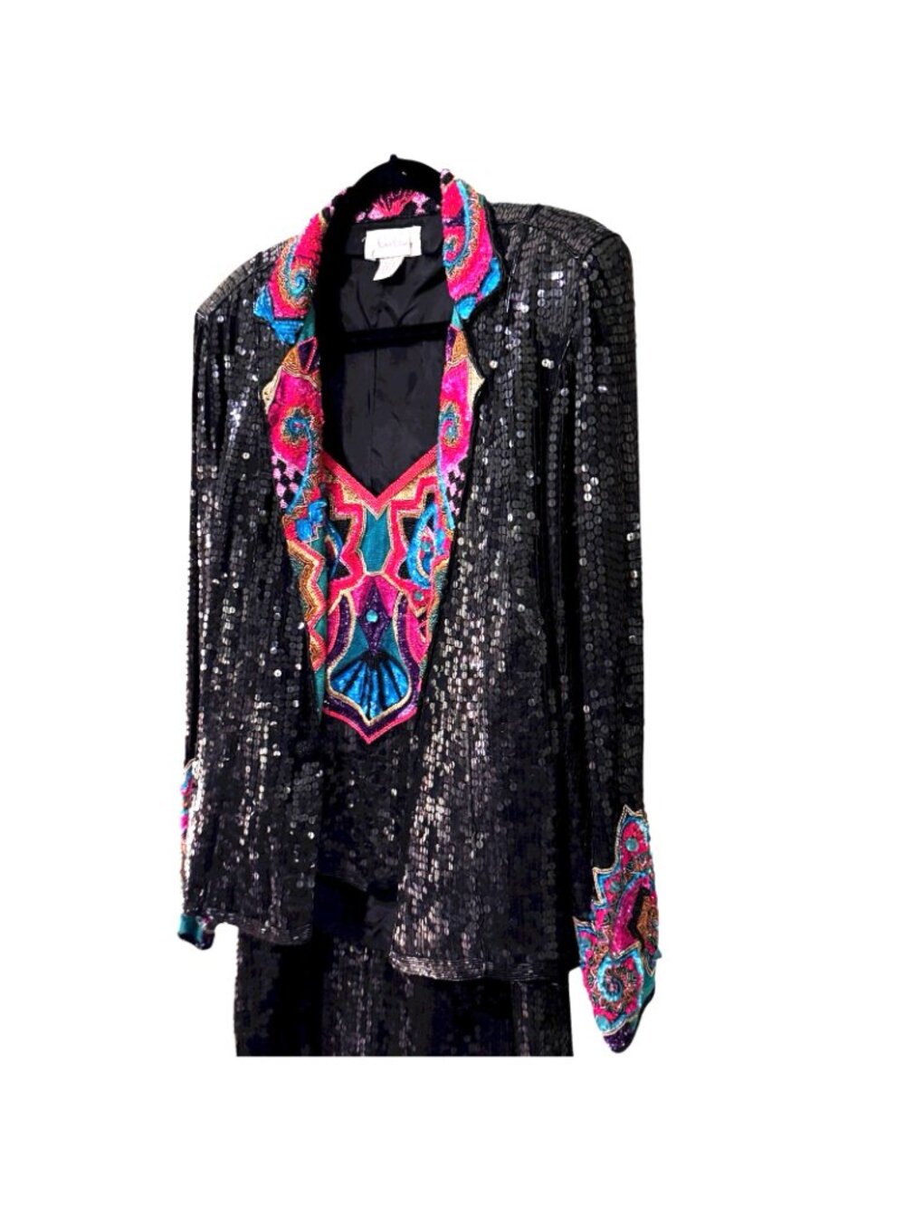 Beaded Sequin Skirt Suit Women's Large Vintage 80s Cocktail Neiman Marcus Glam - Picture 3 of 16